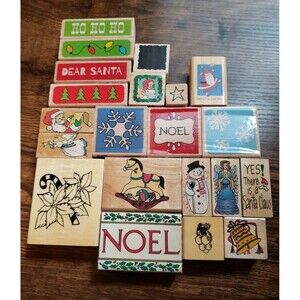 Wood Mounted Rubber Stamp Lot Christmas Card Making Paper Craft  21 Assorted